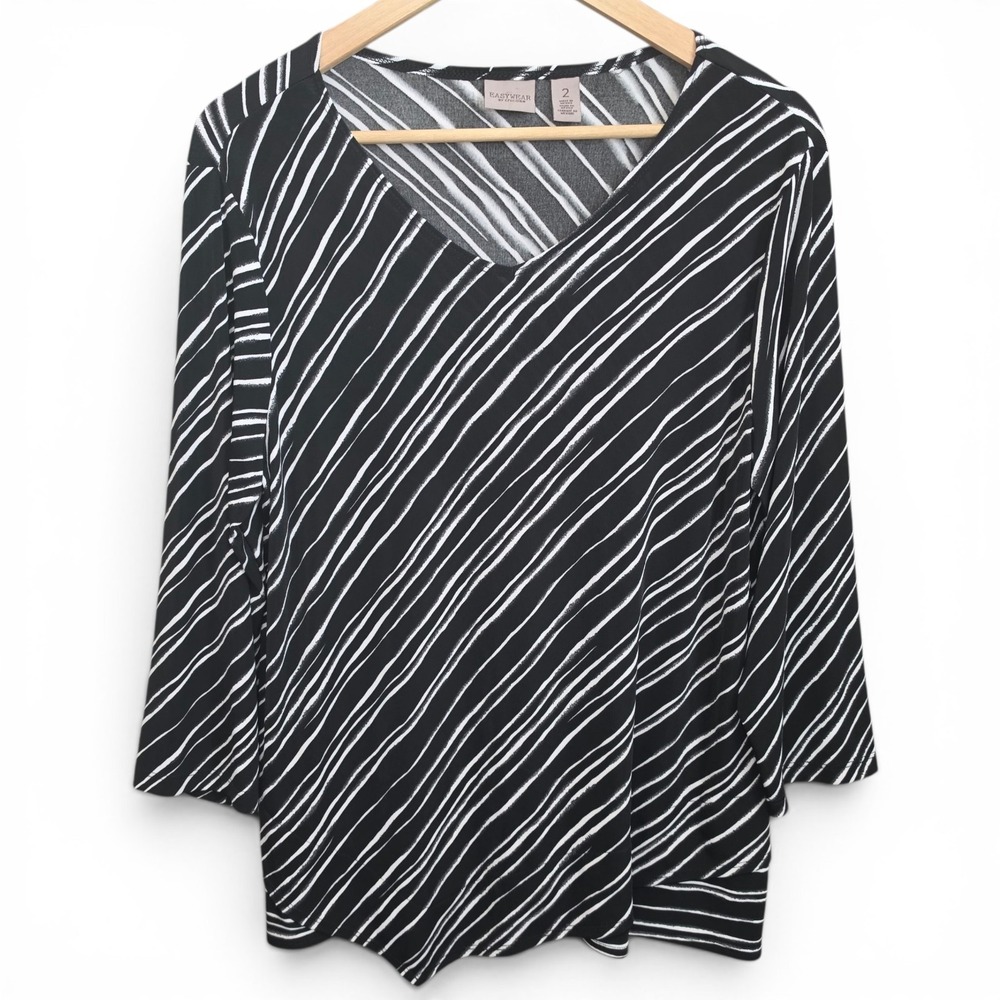 Chicos‎ Easywear Top Womens 2 US Large Black Slinky Striped Tunic V Neck Casual